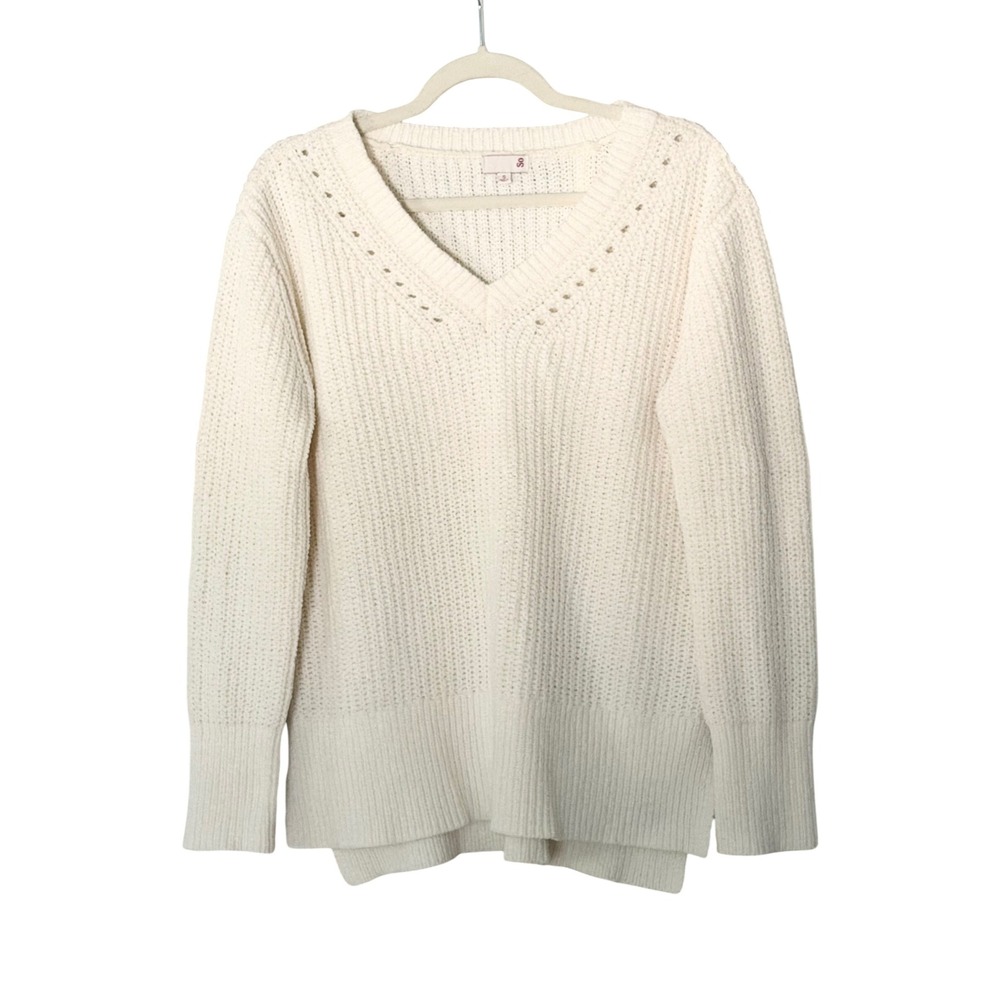 SO Women's S Cream V-neck Soft Cozy Chenille Sweater | SKU 1214